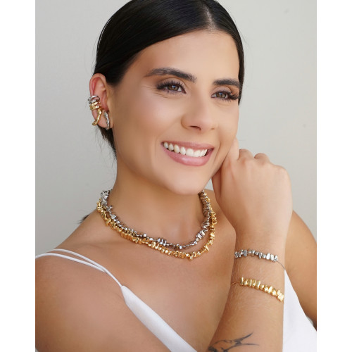 Pulseira Cascalhos Lisos Fecho Gravata Ródio Branco