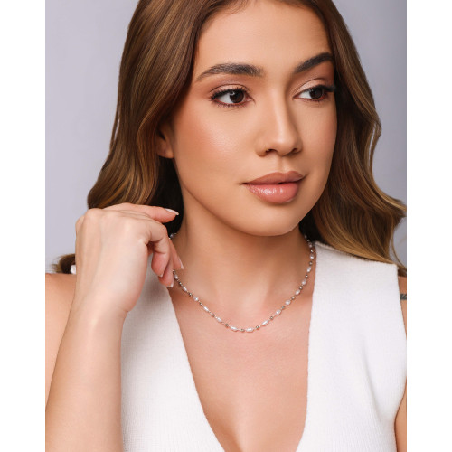 Choker Pérolas e Bolinhas Ródio Branco - 33 cm