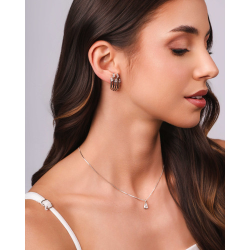 Ear Hook Filetes Gotas Cristal Ródio Branco
