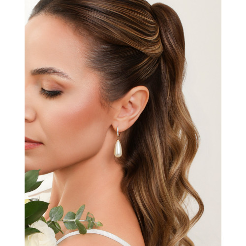 Brinco Argola Cravejada com Pérola Gota Banhado a Ouro 18K