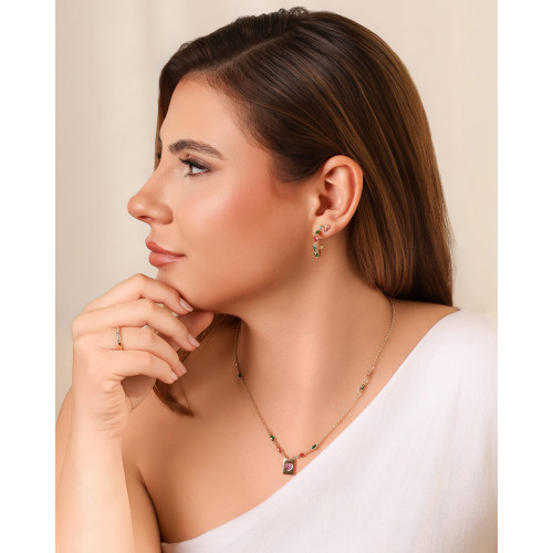 Brinco Argola Detalhada Cristal Colorida Banhado a Ouro 18K
