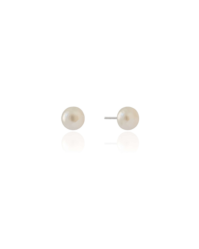 Brinco Pérola Achatada 8 mm Ródio Branco