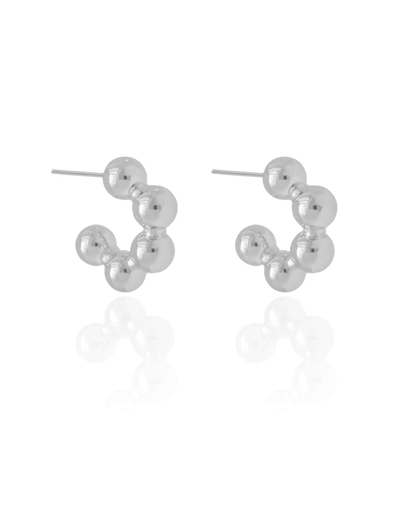 Brinco Meia Argola Bolas Lisas 2.5 cm Ródio Branco