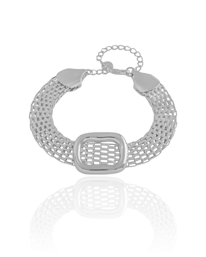 Pulseira Malha Italiana Retângulo Liso Ródio Branco