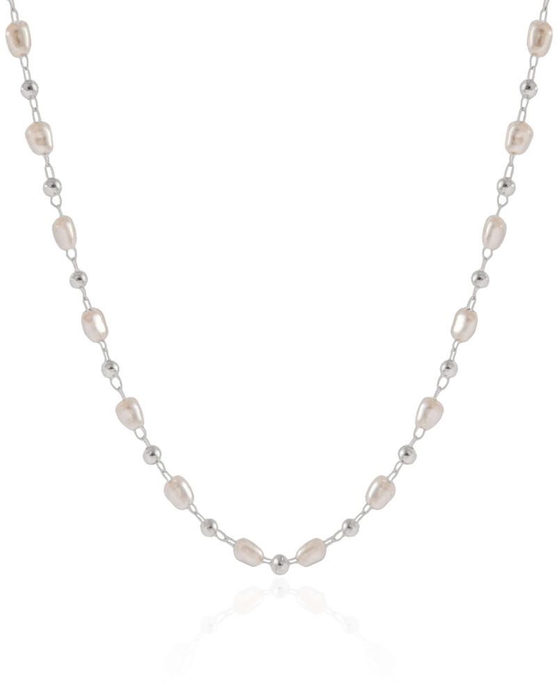 Choker Pérolas e Bolinhas Ródio Branco - 33 cm