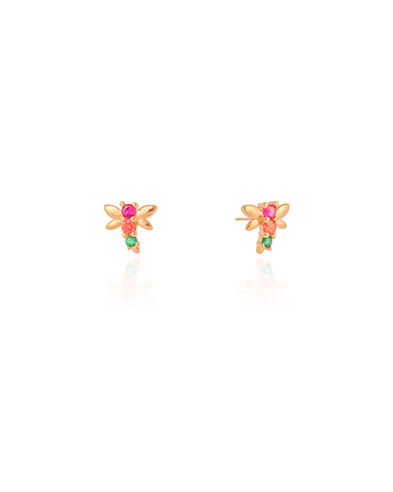 Brinco Infantil Libélula Colorida Banhado a Ouro 18K