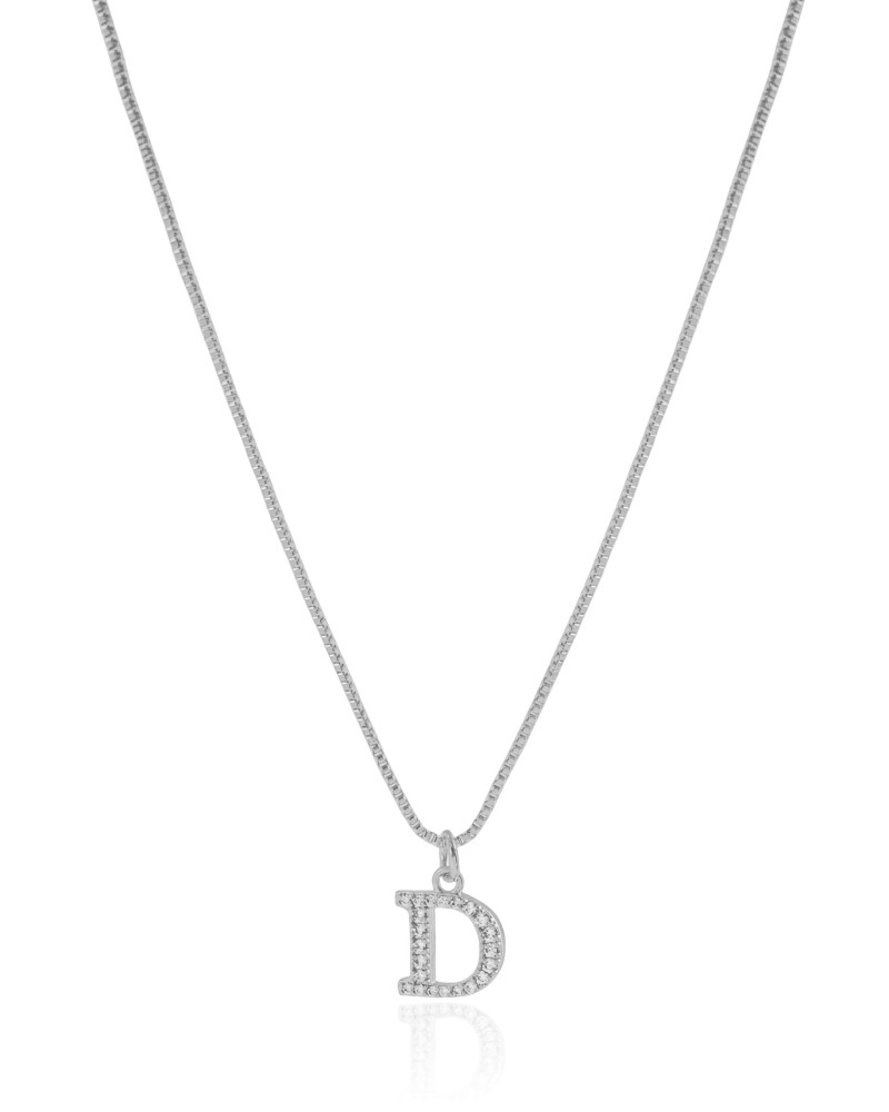 Gargantilha Veneziana Letra D Cravejada Cristal Ródio Branco - 45 cm