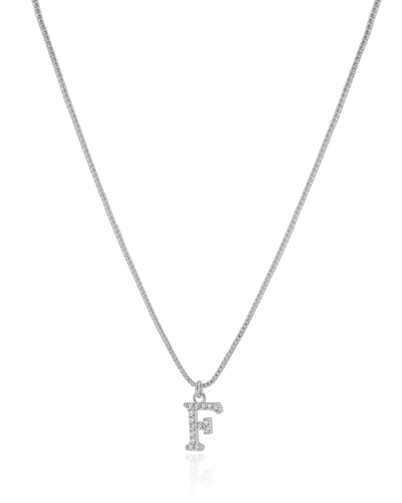 Gargantilha Veneziana Letra F Cravejada Cristal Ródio Branco - 45 cm