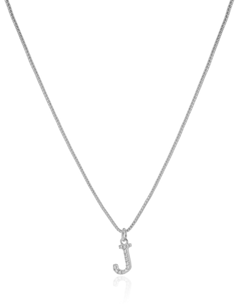 Gargantilha Veneziana Letra J Cravejada Cristal Ródio Branco - 45 cm