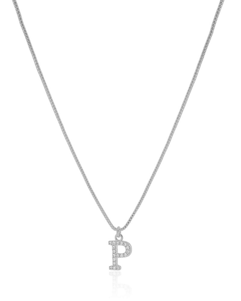 Gargantilha Veneziana Letra P Cravejada Cristal Ródio Branco - 45 cm