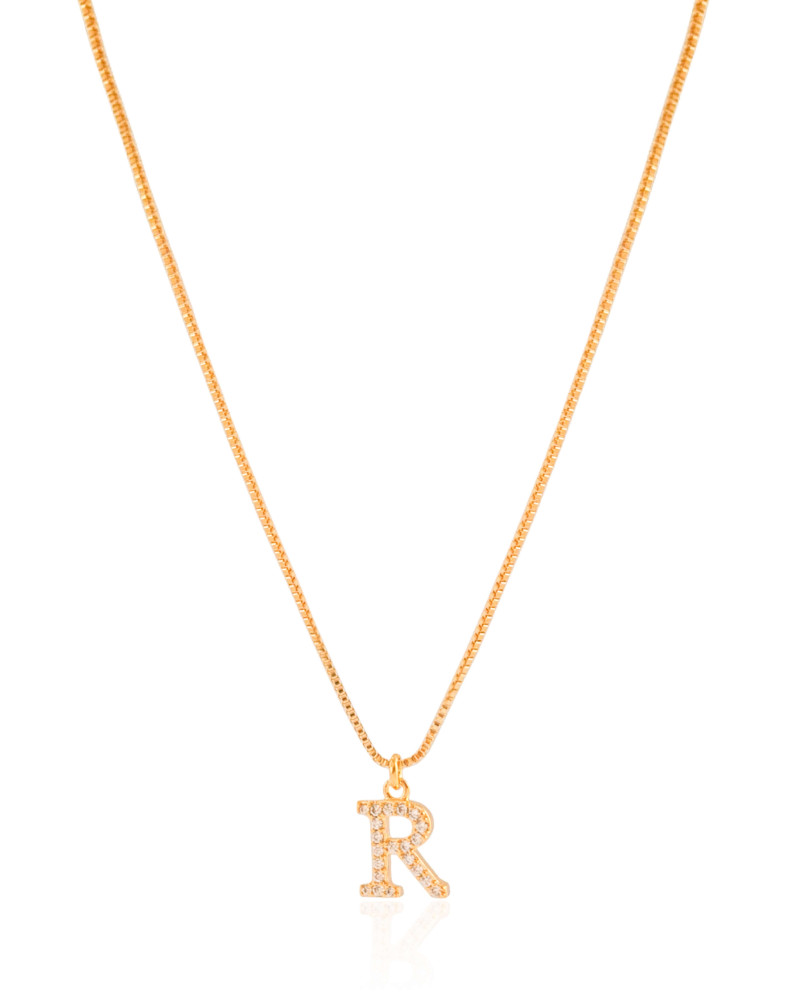 Gargantilha Veneziana Letra R Cravejada Cristal Banhado a Ouro 18K - 45 cm
