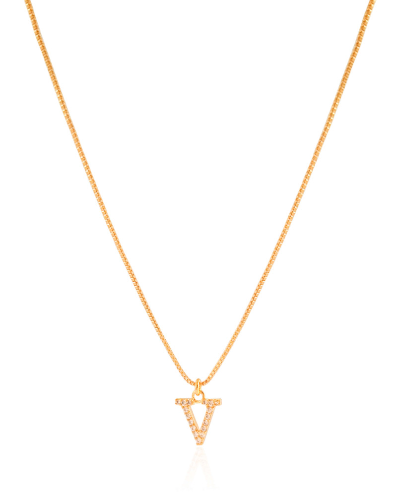 Gargantilha Veneziana Letra V Cravejada Cristal Banhado a Ouro 18K - 45 cm