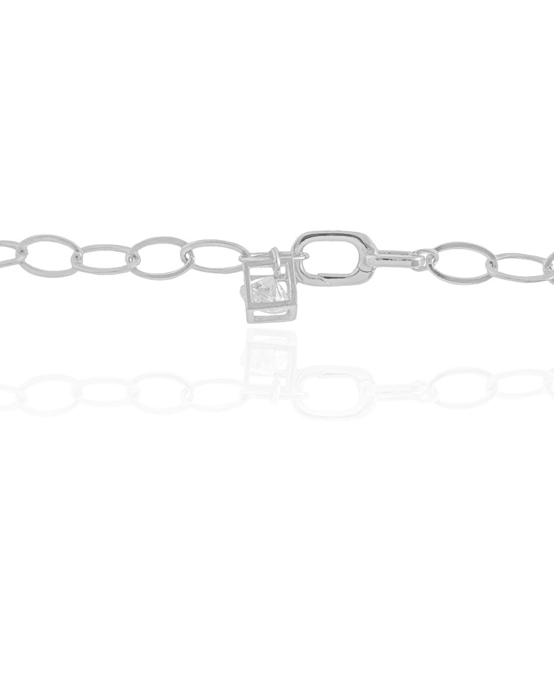 Gargantilha Gravata Ajustável Elos Ovais Cubo Ponto de Luz Cristal Ródio Branco - 45 cm