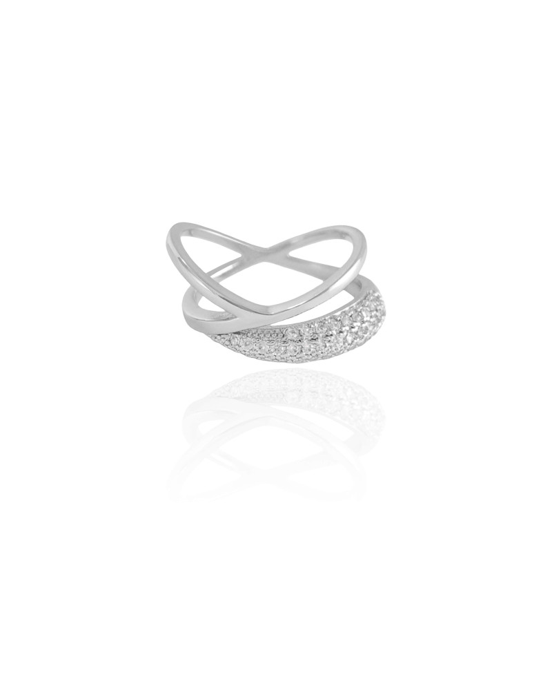 Anel Entrelaçado Cravejado Cristal Tamanho 15 Ródio Branco