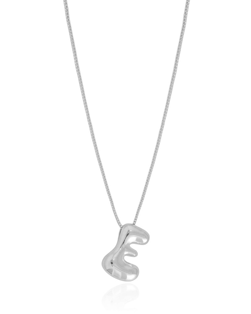 Gargantilha Veneziana Letra E 1.7 cm Bolha Ródio Branco - 45 cm