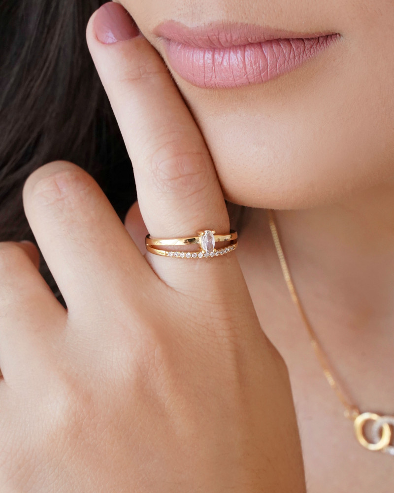 Anel Duplo Oval Cravejado Cristal Tamanho 18 Banhado a Ouro 18K