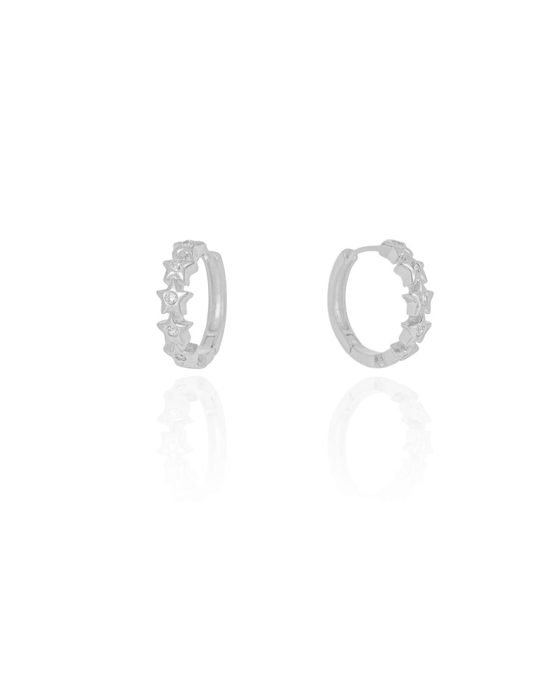 Brinco Argola Click Estrelas Cravejada Cristal 1.7 cm Ródio Branco