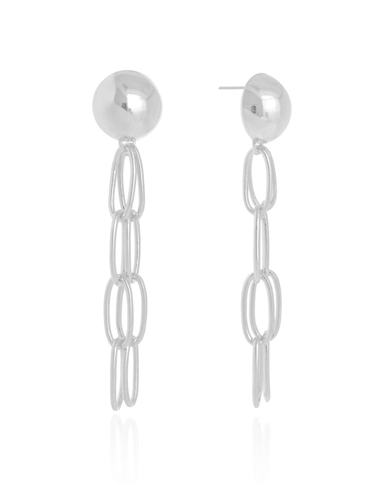 Brinco Meia Bola Franja Elos 6.3 cm Ródio Branco