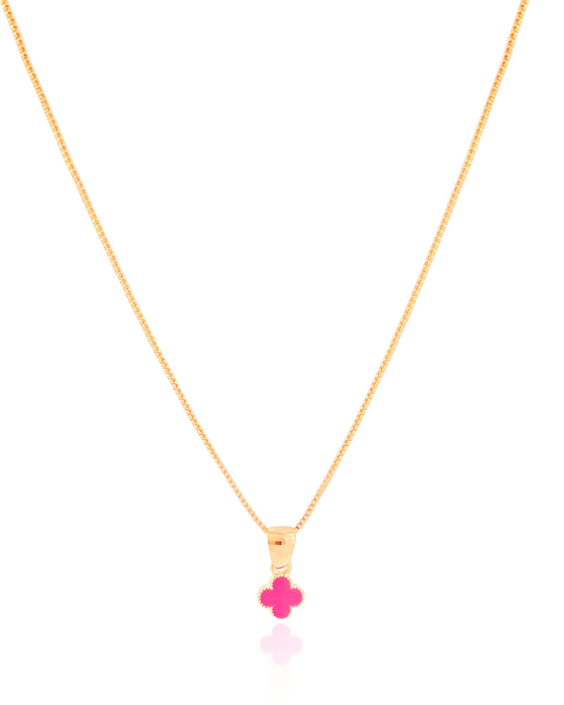 Gargantilha Infantil Trevo Rosa 7 mm Banhado a Ouro 18K - 35 cm