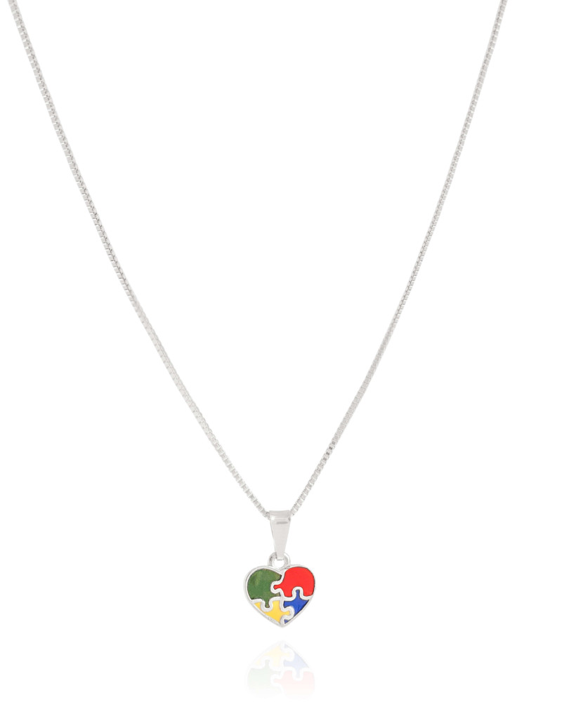 Gargantilha Infantil Elos Coração Autismo 9 mm Ródio Branco - 45 cm