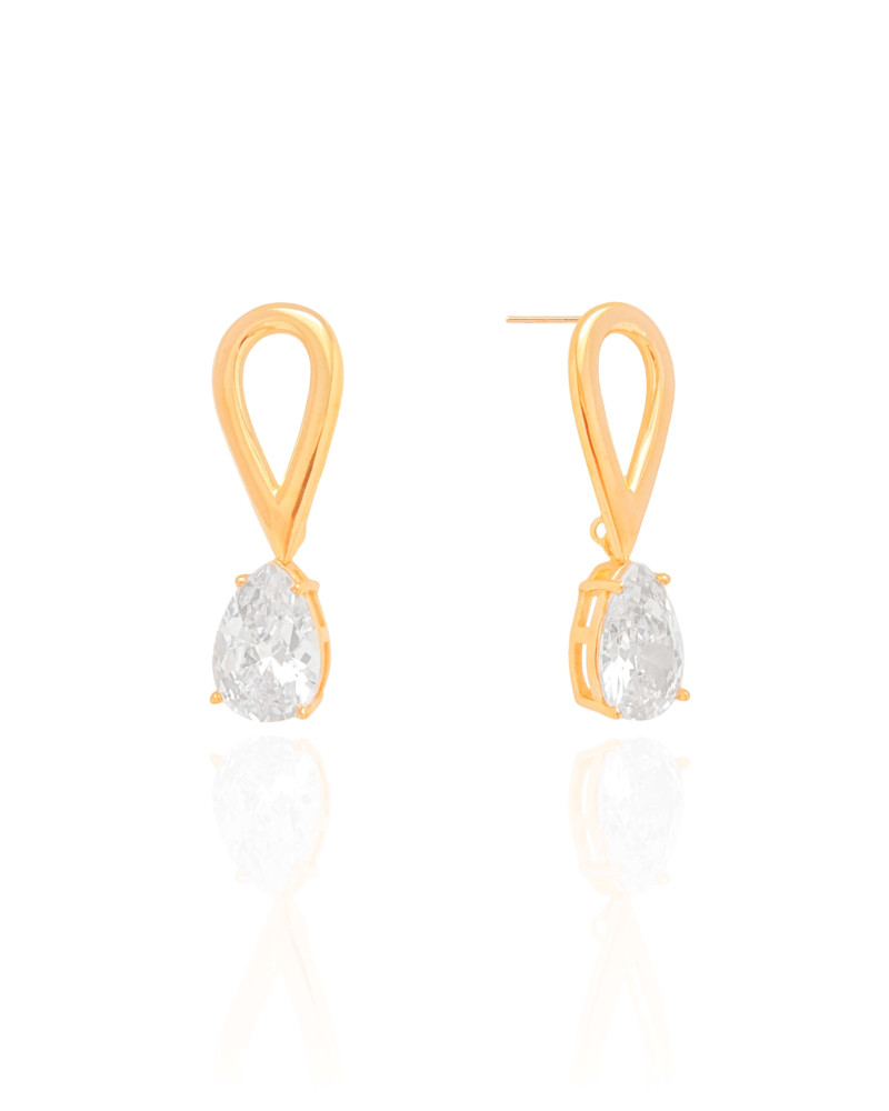 Brinco Gota Dupla Vazado Cristal Banhado a Ouro 18K