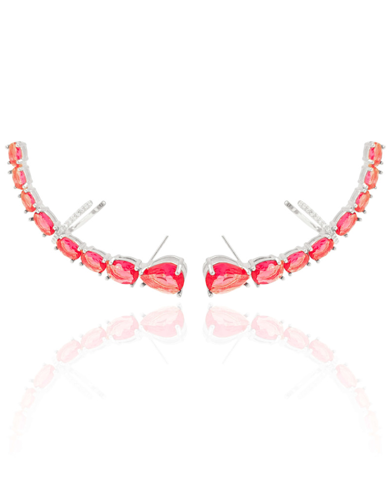 Ear Cuff Pontos de Luz Ovais Rubi Cravejado Cristal Ródio Branco