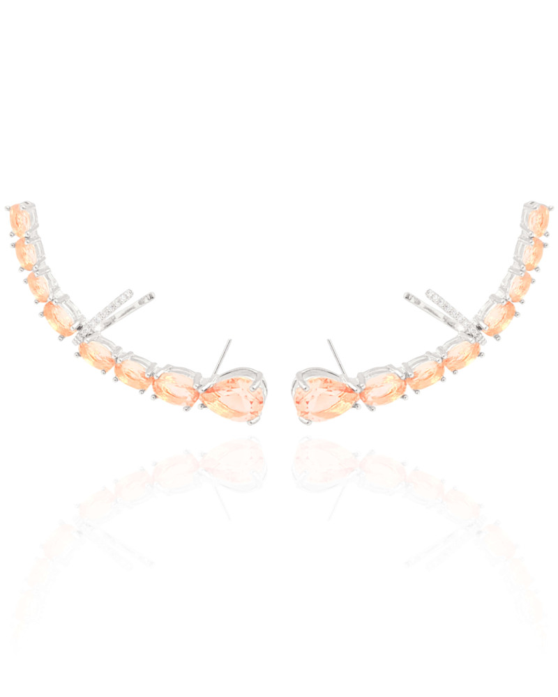 Ear Cuff Pontos de Luz Ovais Morganita Cravejado Cristal Ródio Branco
