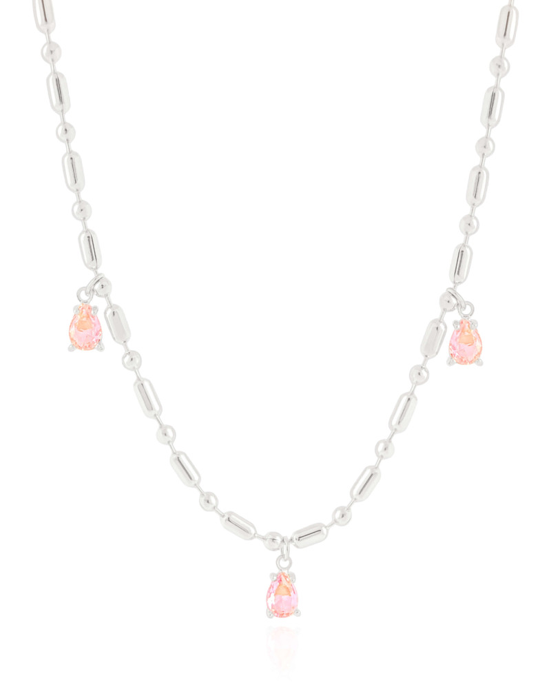 Gargantilha Gomos Gotas Safira Rosa Ródio Branco - 40 cm