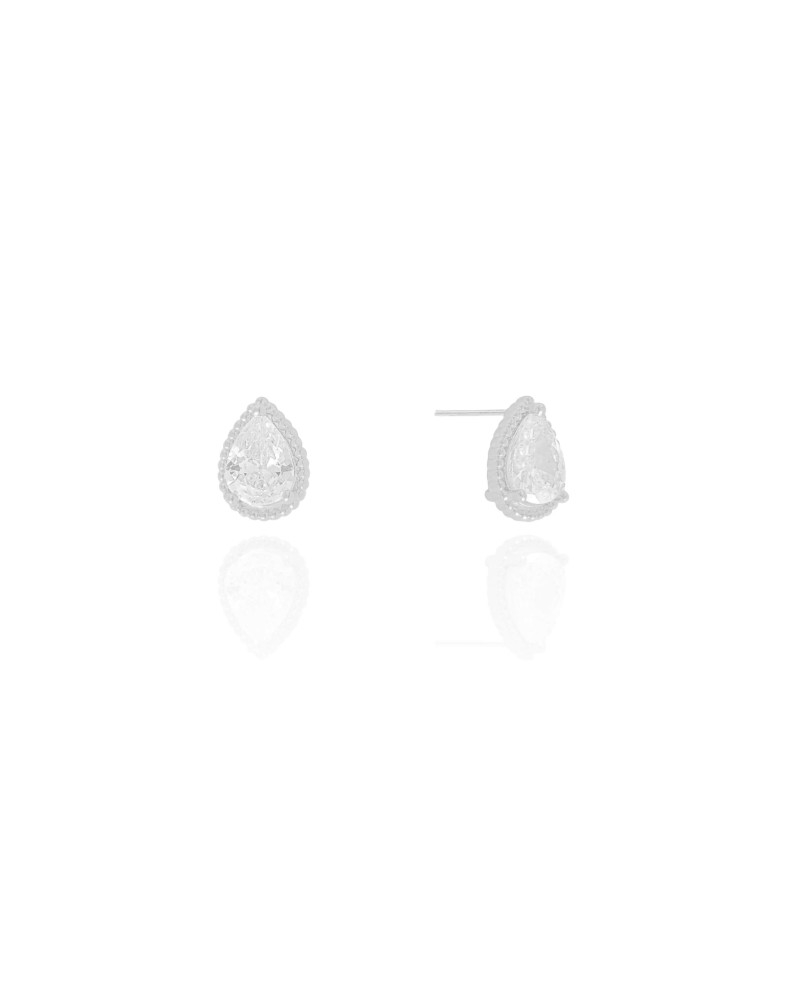Brinco Gota Cristal Detalhada Ródio Branco