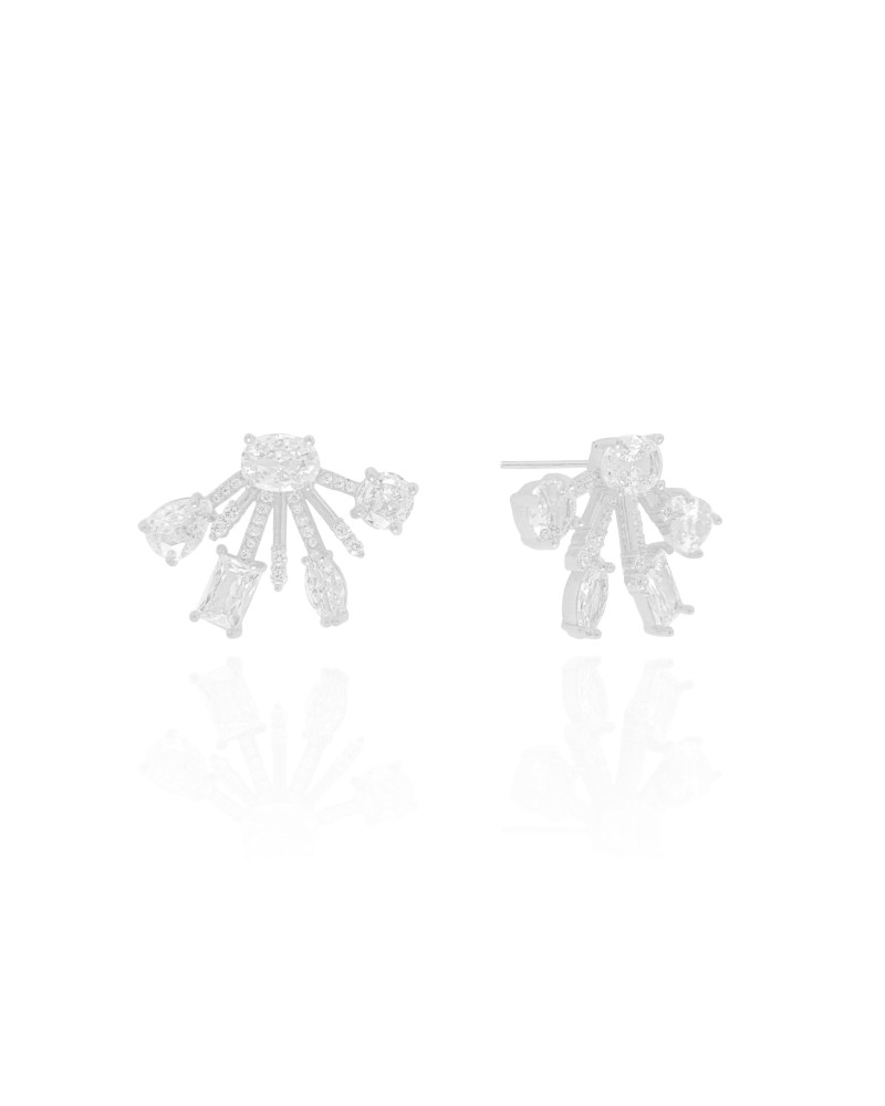 Brinco Filetes Cravejados Geométricos Cristal Ródio Branco