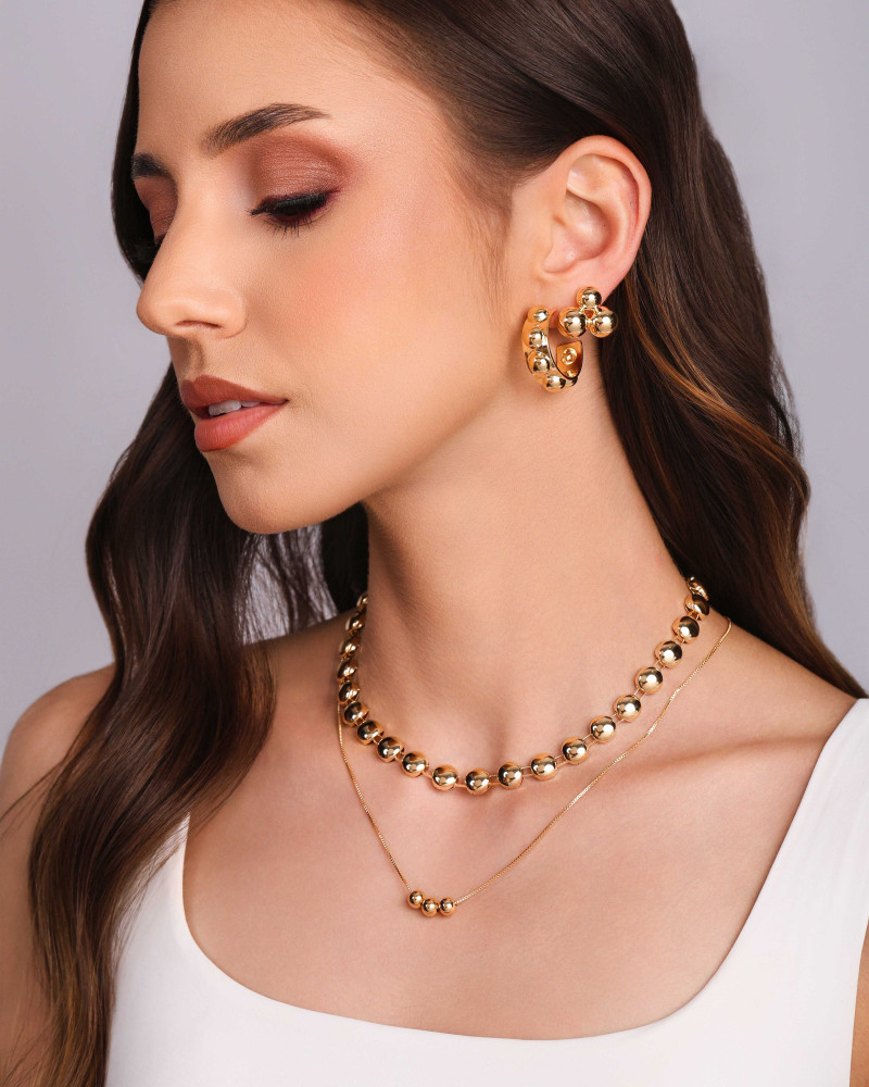 Brinco Argola Reta Bolas Lisas 3.0 cm Banhado a Ouro 18K