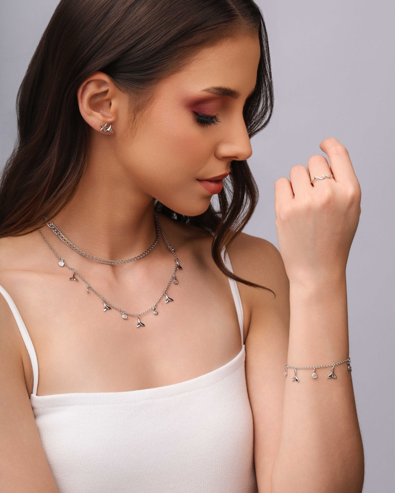 Pulseira Elos Caudas de Sereia Pontos de Luz Cristal Ródio Branco