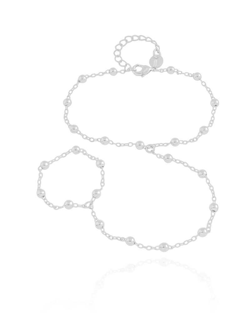 Pulseira Hand Chain Elos Bolinhas 3 mm Ródio Branco