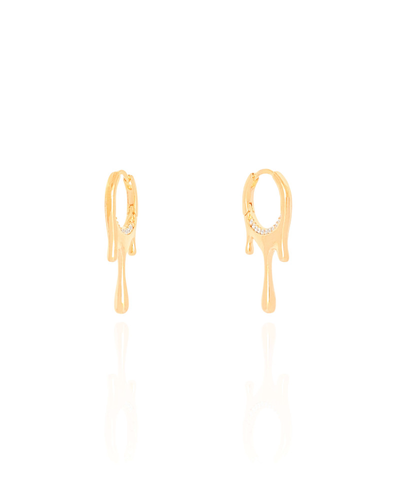 Brinco Argola Click Orgânica Derretida Cravejado Cristal 2.8 cm Banhado a Ouro 18K
