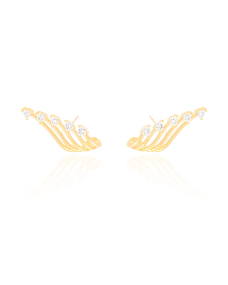 Ear Cuff Filetes Corações Cristal Banhado a Ouro 18K