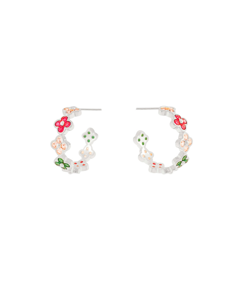Brinco Argola Flor Colorida Ródio Branco
