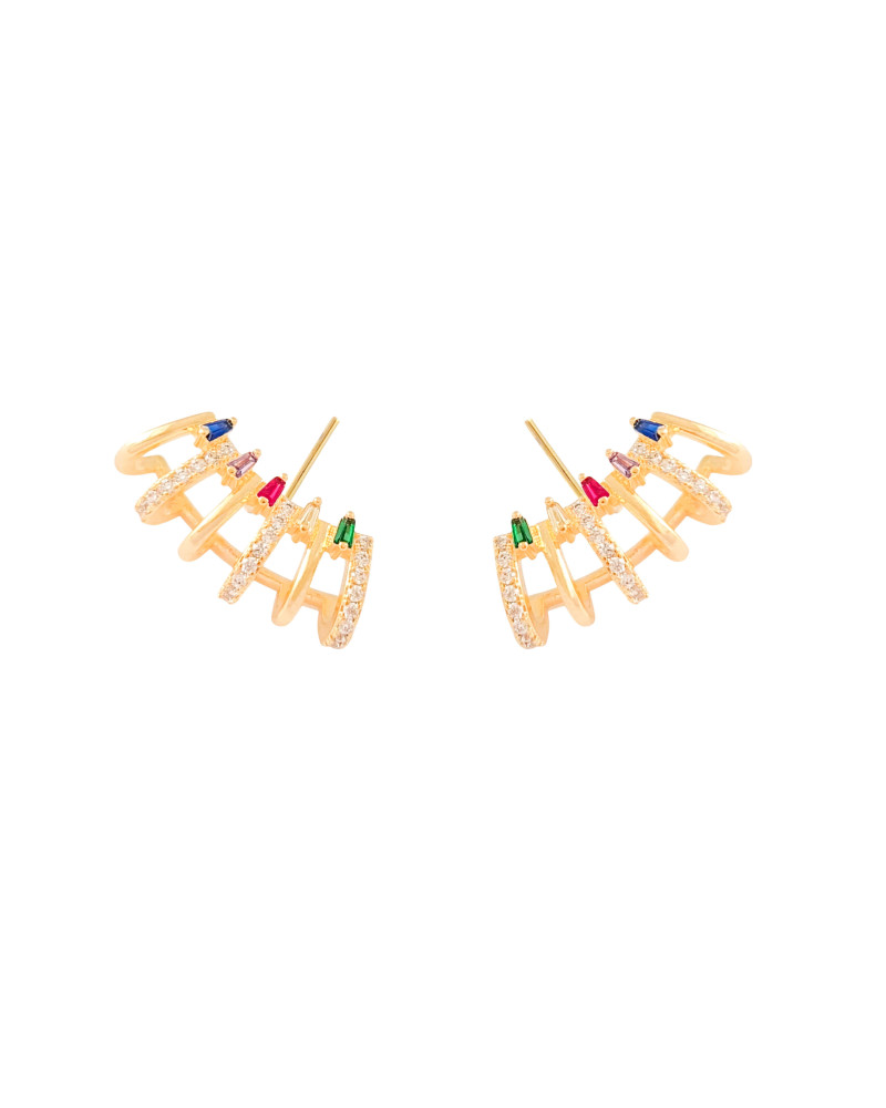 Brinco Ear Cuff Cravejado Colorido Banhado a Ouro 18K