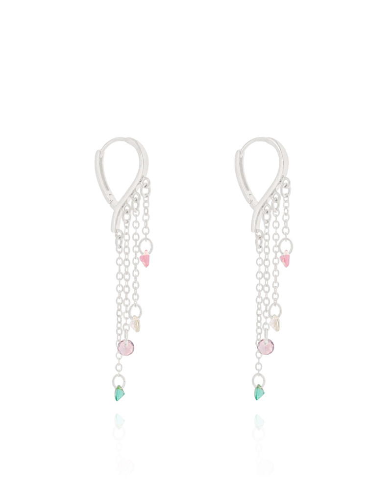 Brinco Argola Gota Franja Ponto de Luz Colorido Ródio Branco