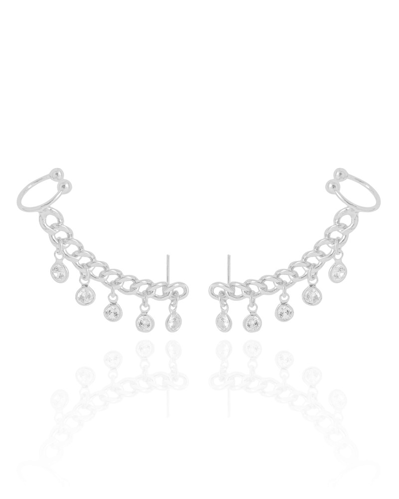 Brinco Ear Cuff Elos Vazados Ponto de Luz Cristal Ródio Branco