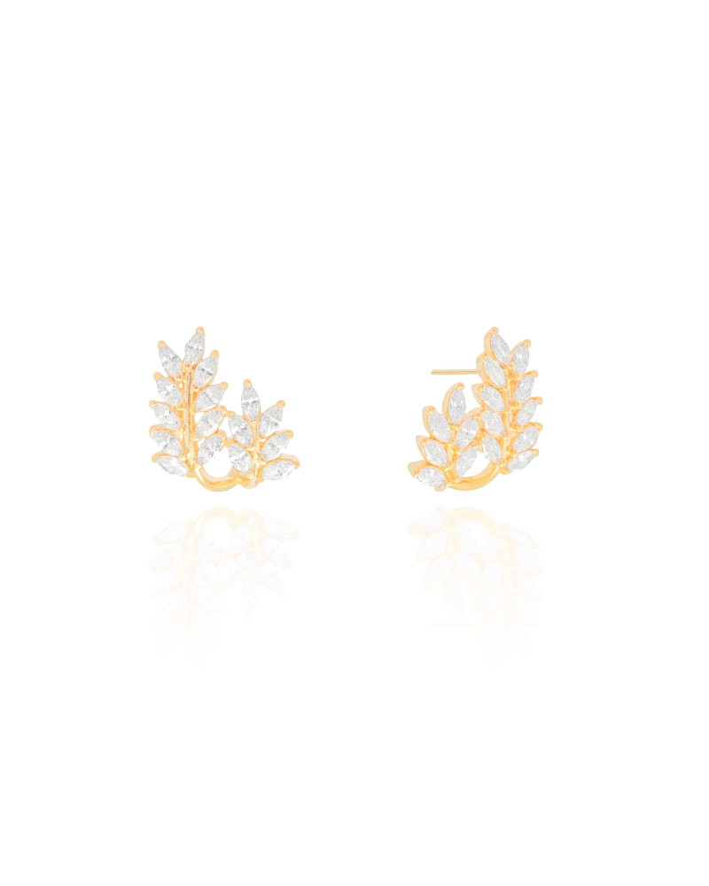 Brinco Ramos Folha Cravejada Cristal Banhado a Ouro 18K