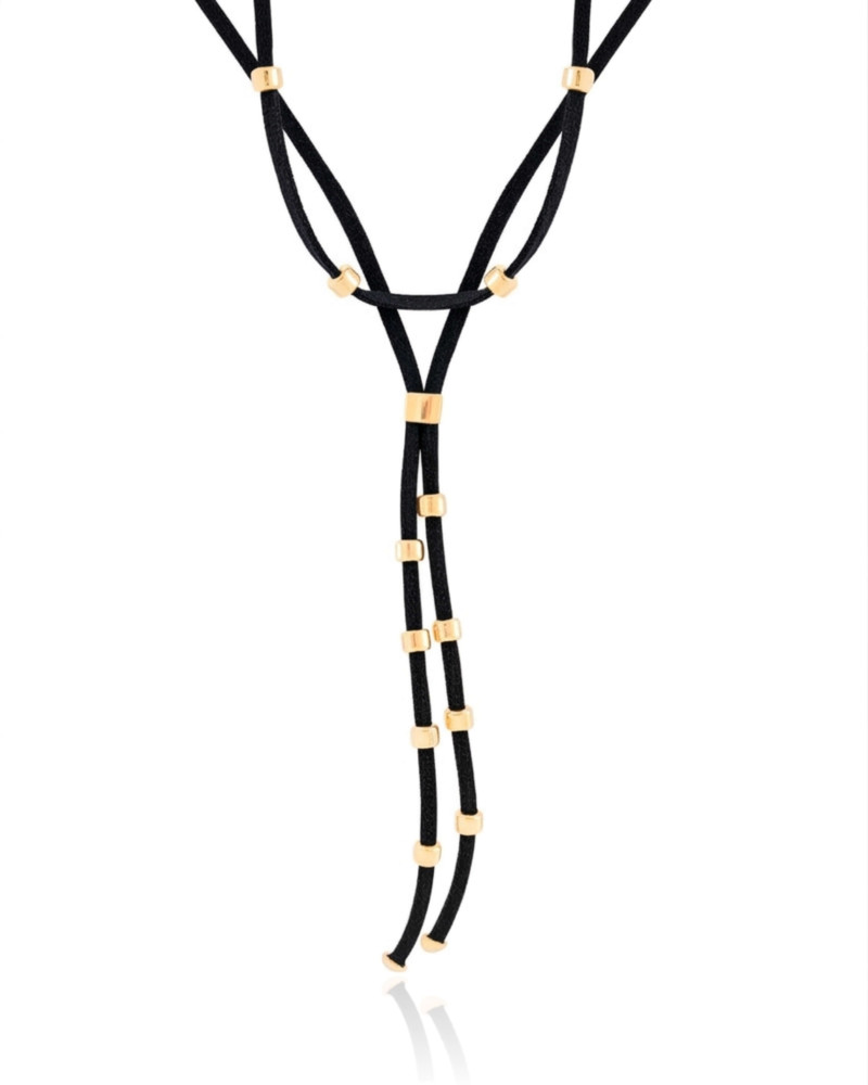 Gargantilha Gravata Dupla Camurça Preto Banhado a Ouro 18K
