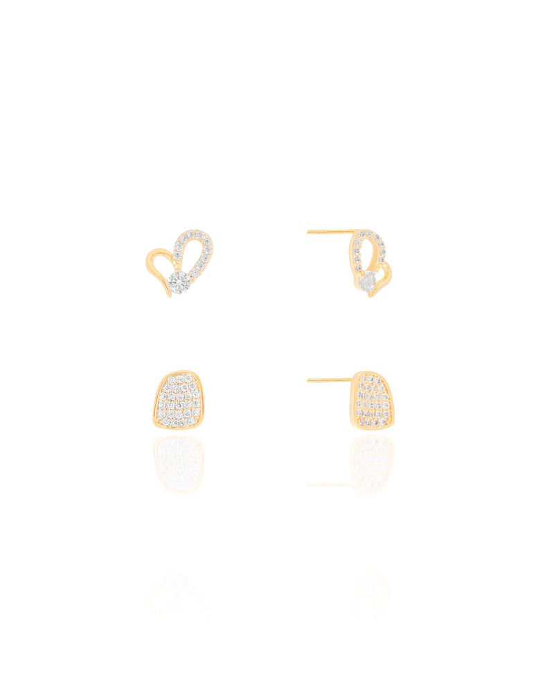 Brinco duplo Coração e Retângulo Cravejado Cristal Banhado a Ouro 18K