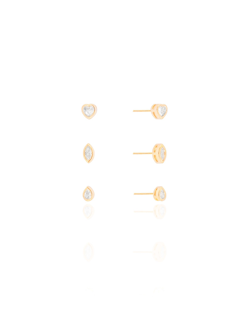 Brinco Trio Ponto de luz Gota Coração e Navetes Banhado a Ouro 18K