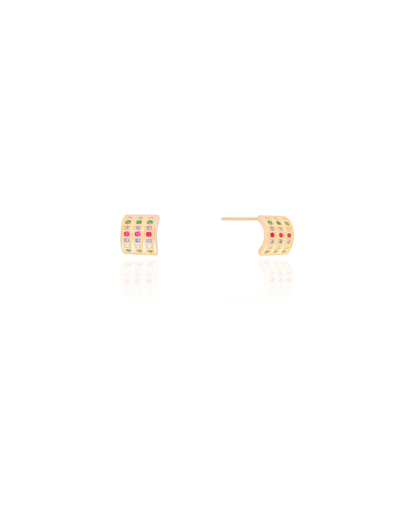 Brinco Cravejado Colorido Filetes Banhado a Ouro 18K