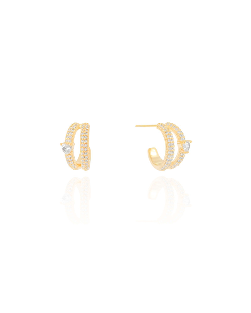Brinco Dois Filetes Coração Cravejado Cristal Banhado a Ouro 18K