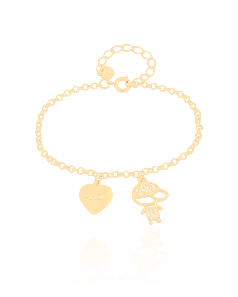 Pulseira Filho Menino Coração com Amor Banhado a Ouro 18K