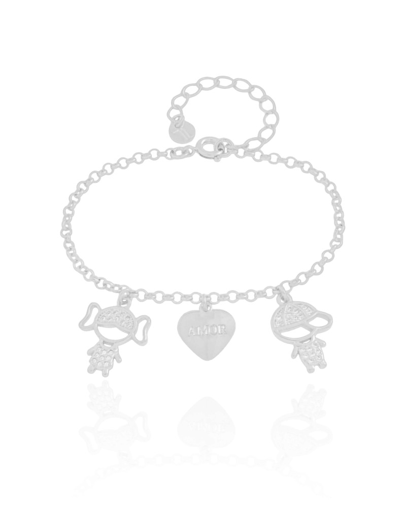 Pulseira Filho e Filha com Coração Amor Ródio Branco