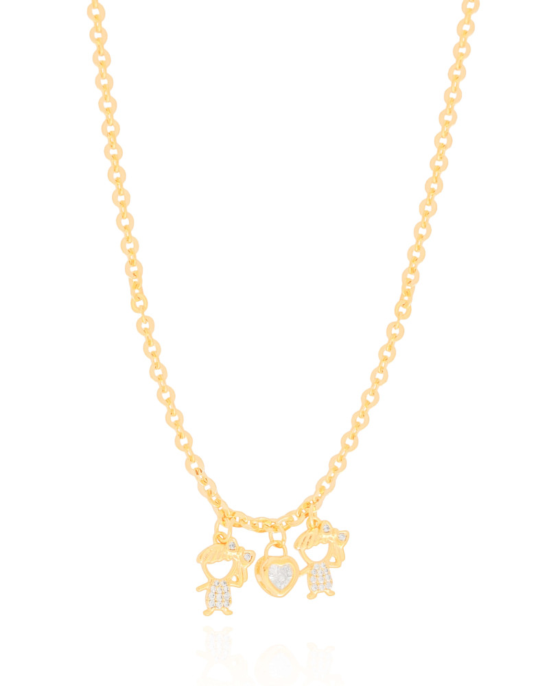 Gargantilha Filhas Duas Meninas com Coração Cristal Banhado a Ouro 18K - 45 cm