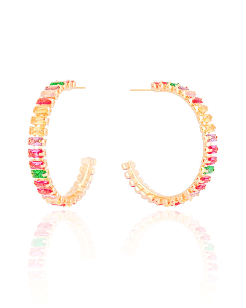 Brinco Argola Zircônias Coloridas Retangular Banhado a Ouro 18K