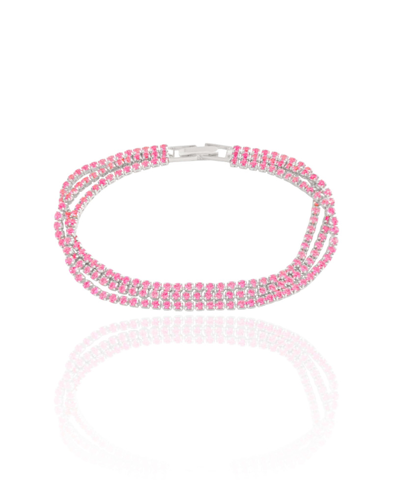 Pulseira Tripla Safira Rosa Cravejada Ródio Branco